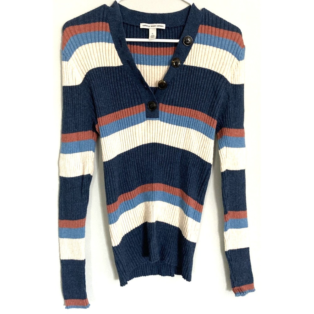 Cotton By Autumn Cashmere Sweater Women XL Blue Striped Henley Ribbed Knit